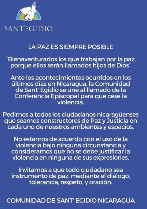 Paz para a Nicarágua, imediatamente. Um apelo da Comunidade de Sant'Egidio